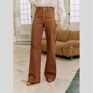 Sézane Le 70s wide leg denim trousers coffee tan brown patch pockets 44 12